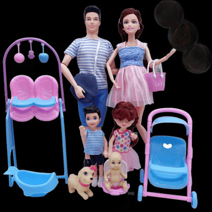 Happy Family Dolls Playset Pregnant Women Doll Mom Dad Ken&Wife Baby Doll Stroller Bed Accessories Play House Toys for Girls view