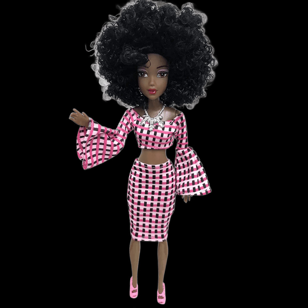 1/6 Fashion Barbie Doll Black African Dolls Toys for Girls Dark Skin Ethnic Tight Clothing Printing Skirt Popcorn Hairstyle Gift view