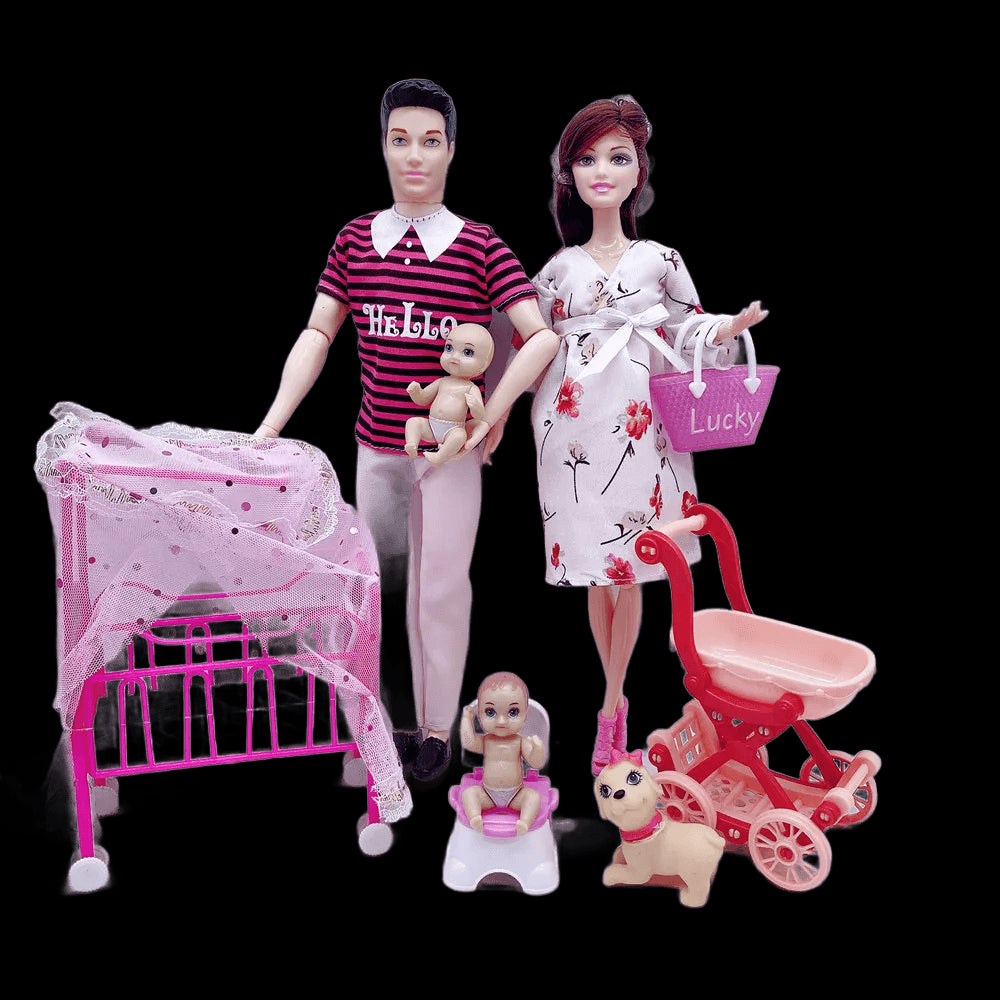 Happy Family Dolls Playset Pregnant Women Doll Mom Dad Ken&Wife Baby Doll Stroller Bed Accessories Play House Toys for Girls view