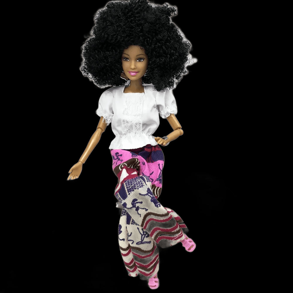 1/6 Fashion Barbie Doll Black African Dolls Toys for Girls Dark Skin Ethnic Tight Clothing Printing Skirt Popcorn Hairstyle Gift view