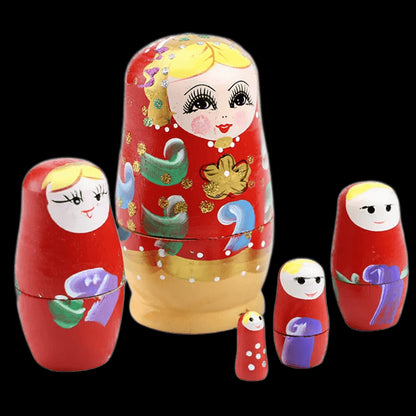 Set Of 5 Pcs Dolls Wooden Russian Nesting Babushka Matryoshka Hand Painted Gift view