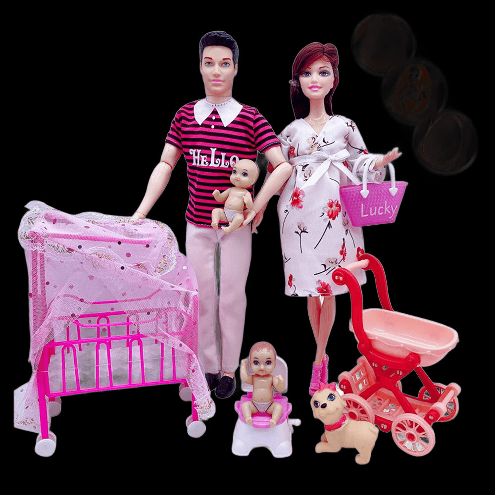 Happy Family Dolls Playset Pregnant Women Doll Mom Dad Ken&Wife Baby Doll Stroller Bed Accessories Play House Toys for Girls view