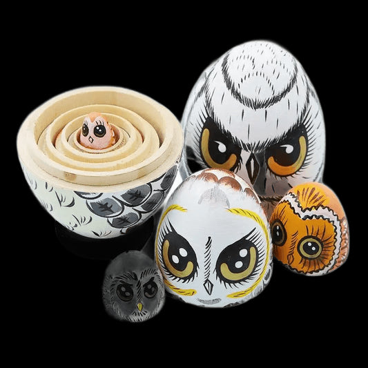 2024 New Owl Nesting Egg Crafts Set Matryoshka Dolls Handmade Ornament Wooden Art Owl Figurines Toy Birthday Easter Gift for Kid view