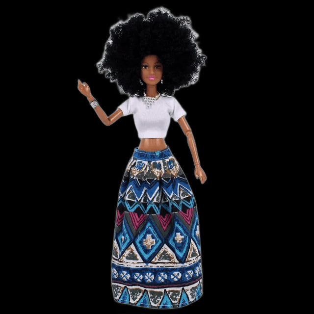 1/6 Fashion Barbie Doll Black African Dolls Toys for Girls Dark Skin Ethnic Tight Clothing Printing Skirt Popcorn Hairstyle Gift view