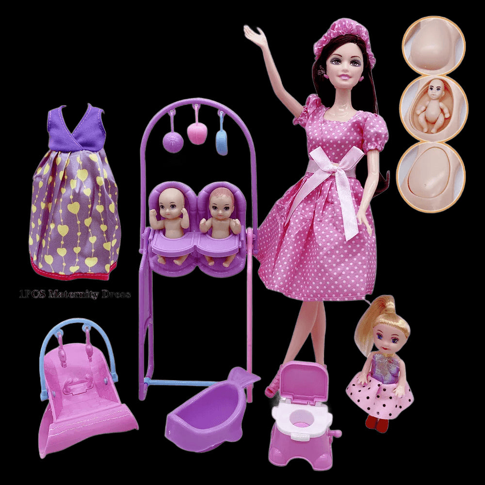 Happy Family Dolls Playset Pregnant Women Doll Mom Dad Ken&Wife Baby Doll Stroller Bed Accessories Play House Toys for Girls view