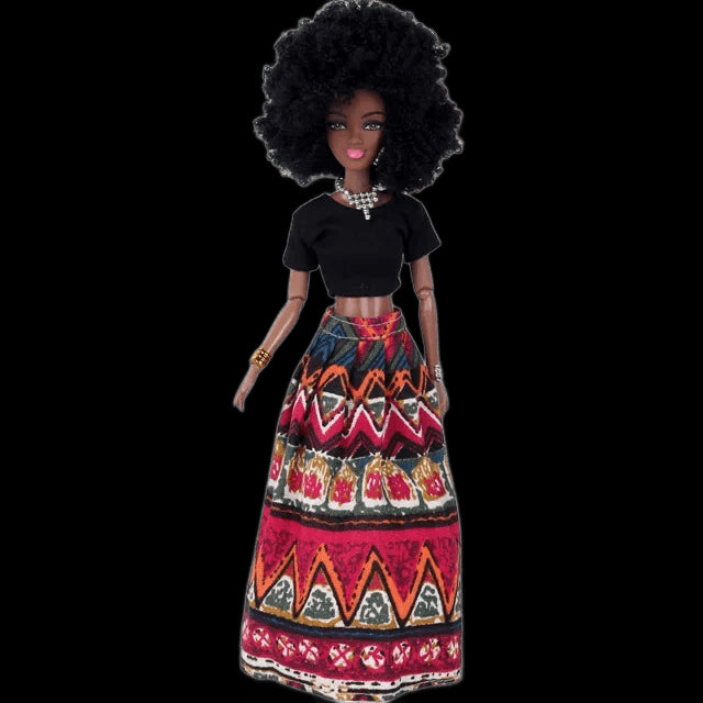 1/6 Fashion Barbie Doll Black African Dolls Toys for Girls Dark Skin Ethnic Tight Clothing Printing Skirt Popcorn Hairstyle Gift view