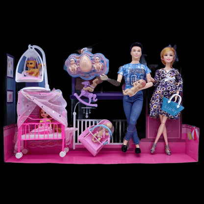 Happy Family Dolls Playset Pregnant Women Doll Mom Dad Ken&Wife Baby Doll Stroller Bed Accessories Play House Toys for Girls view