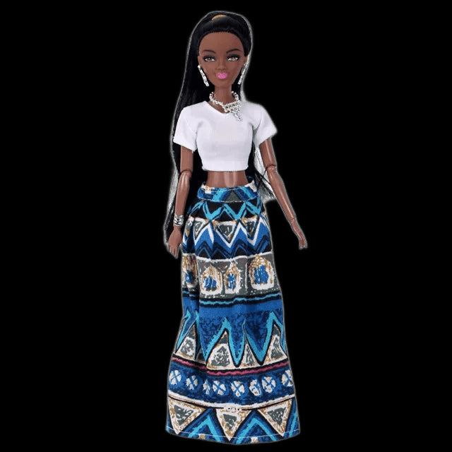 1/6 Fashion Barbie Doll Black African Dolls Toys for Girls Dark Skin Ethnic Tight Clothing Printing Skirt Popcorn Hairstyle Gift view