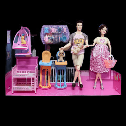 Happy Family Dolls Playset Pregnant Women Doll Mom Dad Ken&Wife Baby Doll Stroller Bed Accessories Play House Toys for Girls view