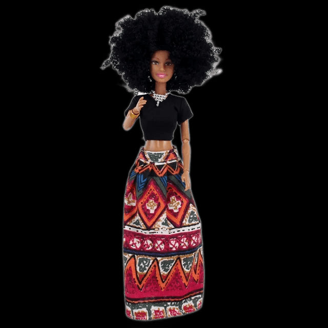 1/6 Fashion Barbie Doll Black African Dolls Toys for Girls Dark Skin Ethnic Tight Clothing Printing Skirt Popcorn Hairstyle Gift view